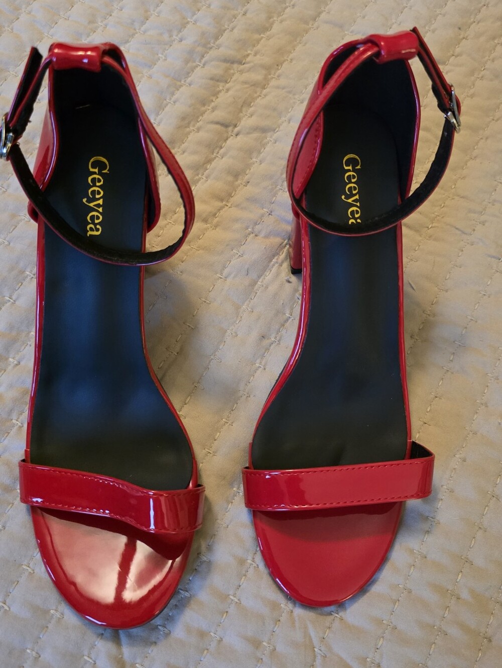 Red Patent Ankle-Strap Block Heels